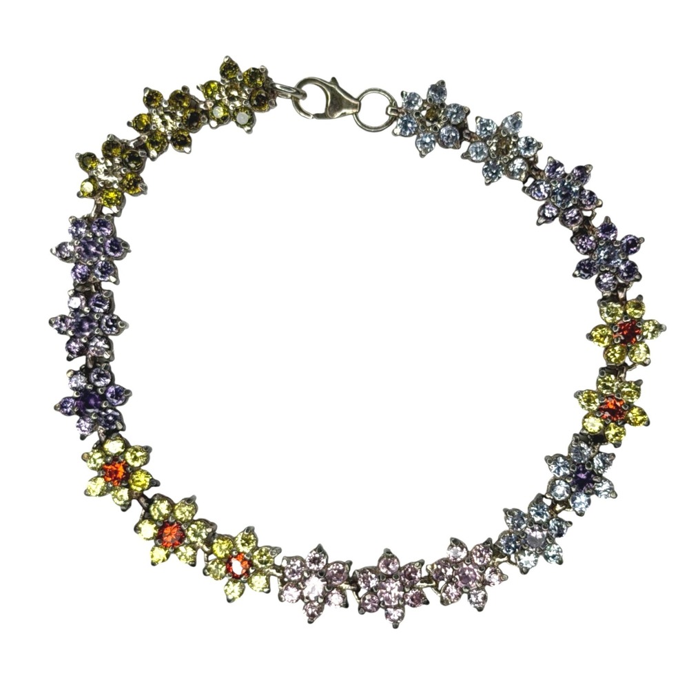 Vintage Flower Bracelet Sterling Silver 7.375in Multi-Color Gemstone Floral